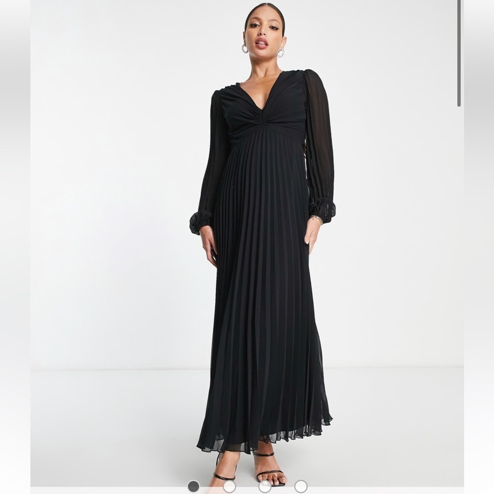 ASOS DESIGN Tall pleated bodice plunge neck midi dress in black US10